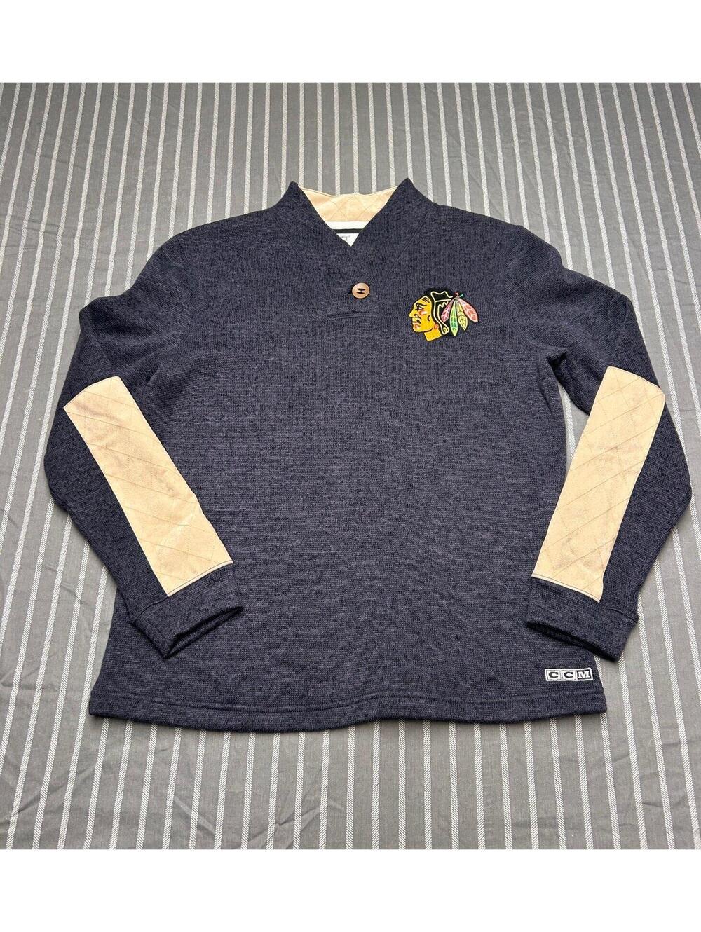 CCM Chicago Blackhawks Henley long-sleeve sweater beige suede elbow Woman’s L